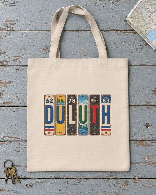 Duluth, Minnesota vintage license plate tote bag in Natural