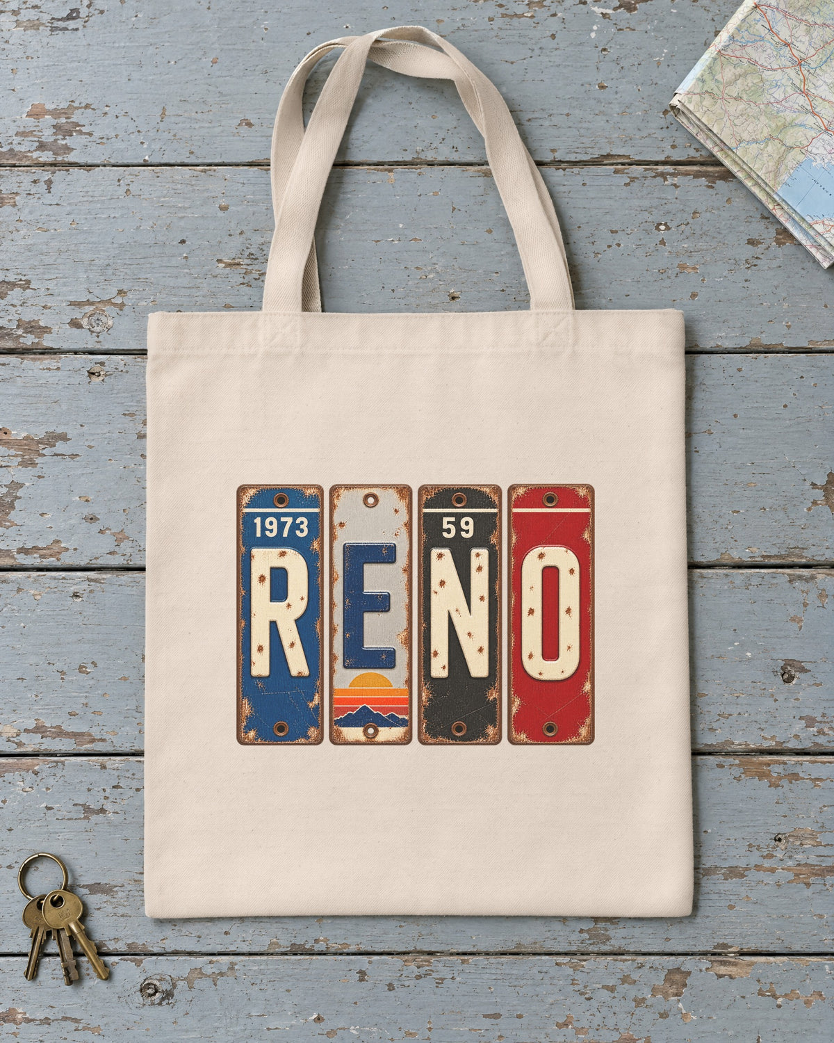 Reno, Nevada vintage license plate tote bag in Natural
