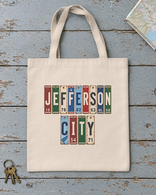 Jefferson City, Missouri vintage license plate tote bag in Natural