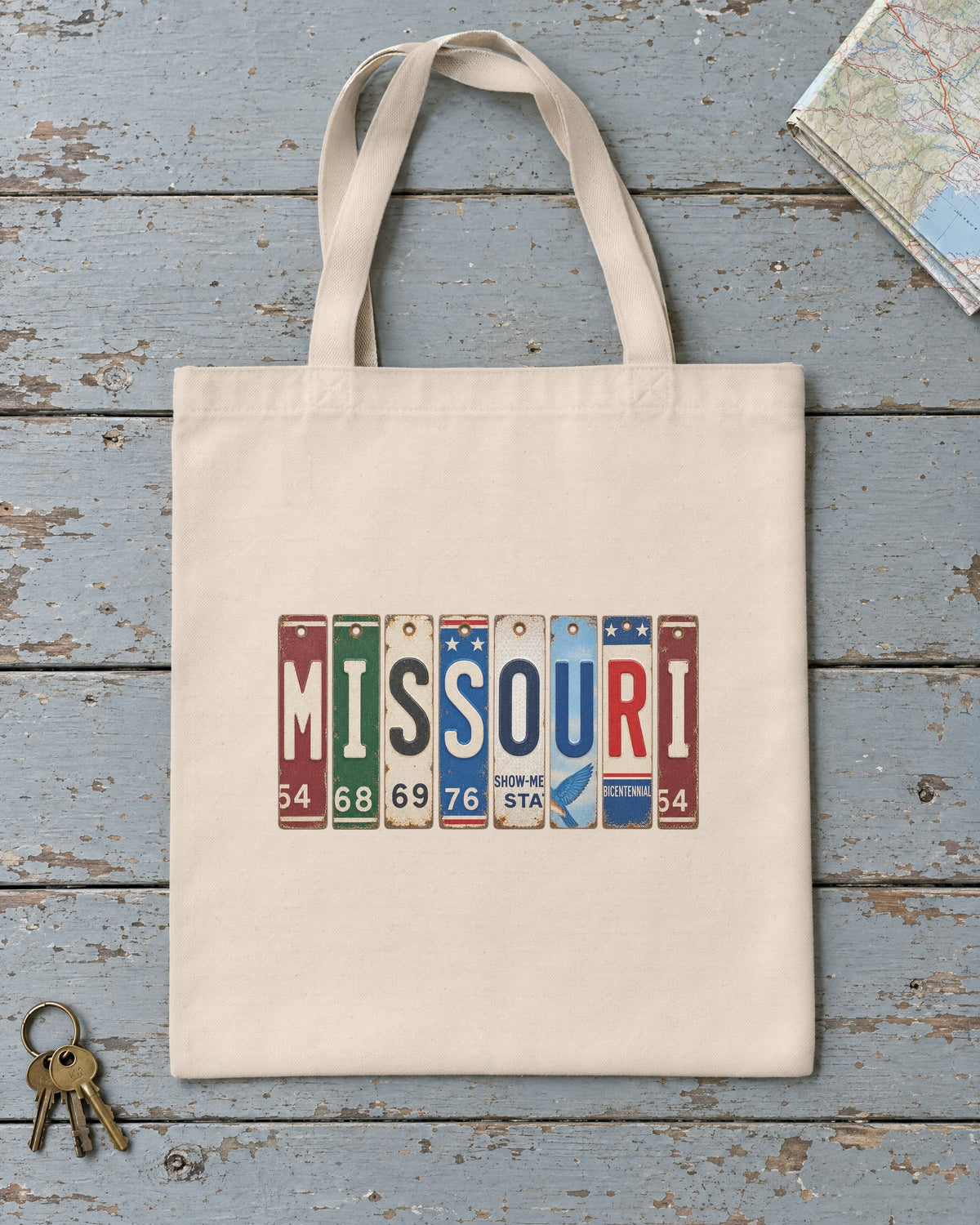 Missouri vintage license plate tote bag in Natural