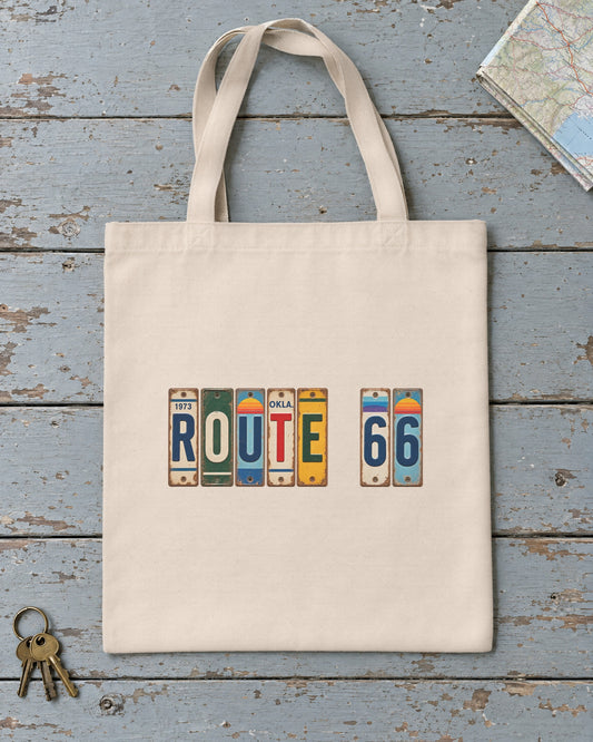 Route 66, Oklahoma vintage license plate tote bag in Natural