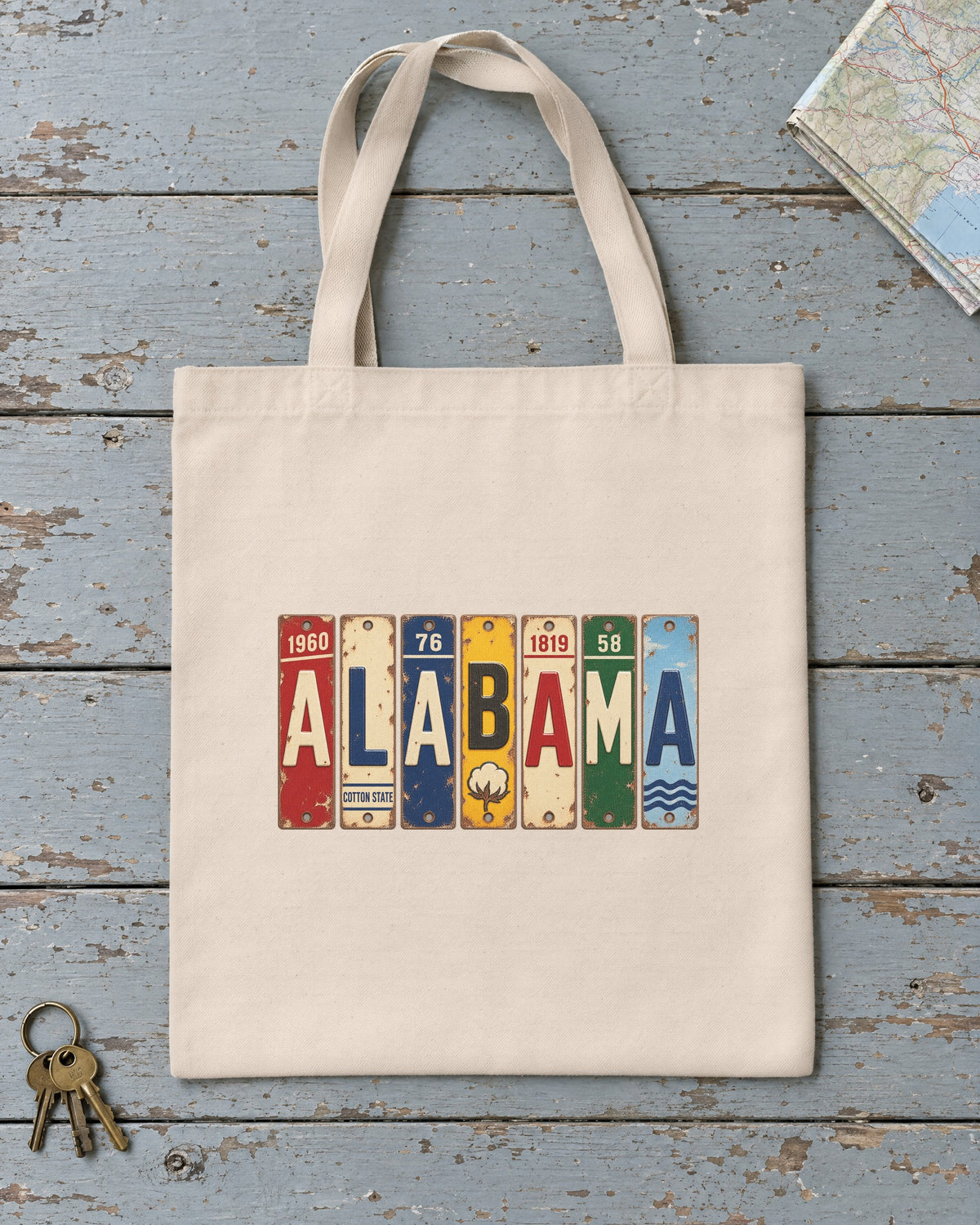Alabama vintage license plate tote bag in Natural