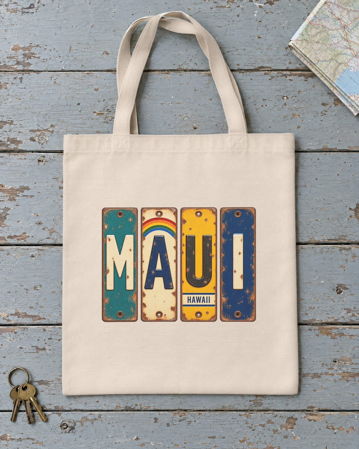 Maui, Hawaii vintage license plate tote bag in Natural