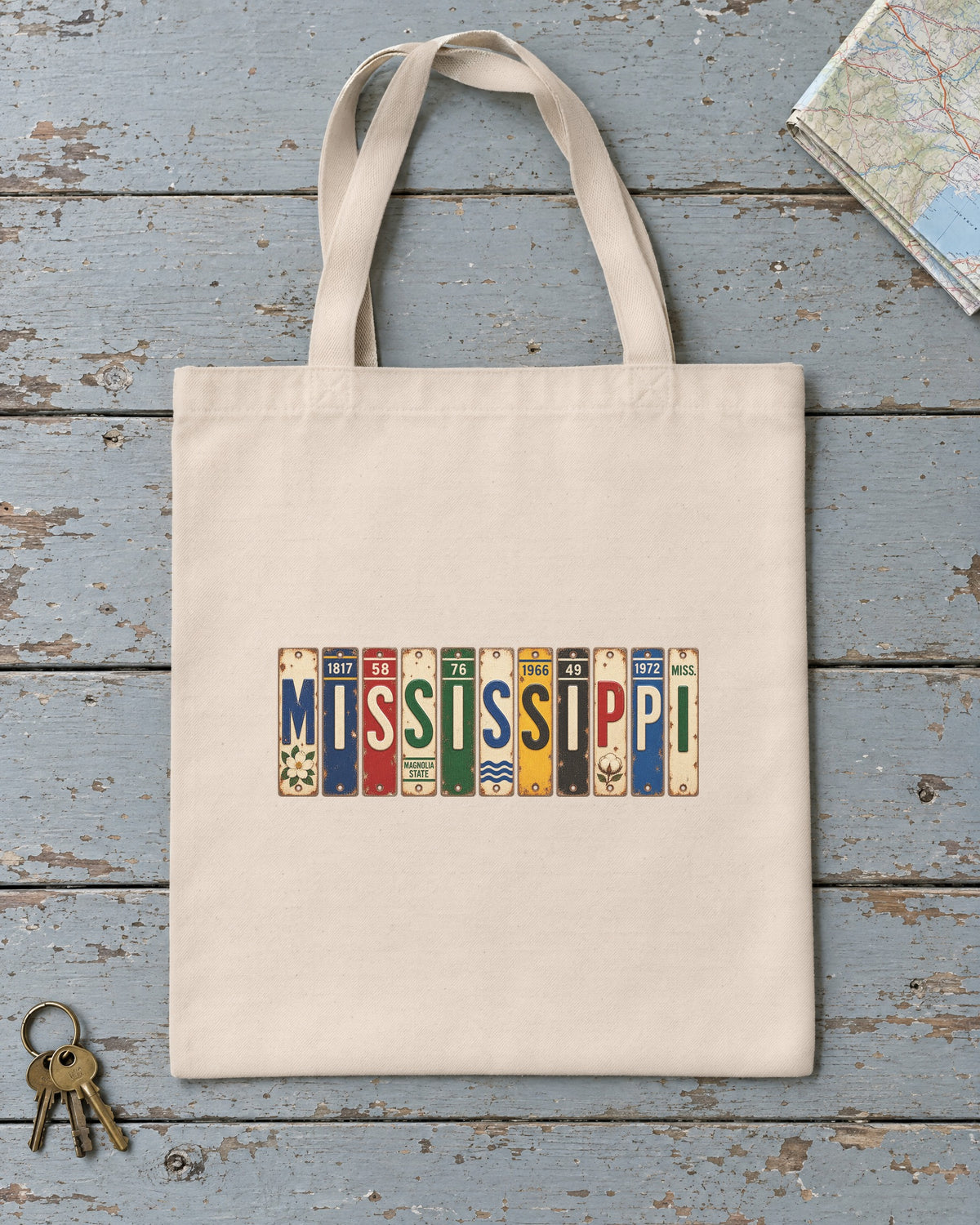 Mississippi vintage license plate tote bag in Natural