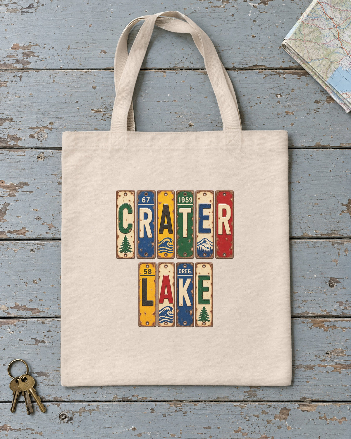 Crater Lake, Oregon vintage license plate tote bag in Natural