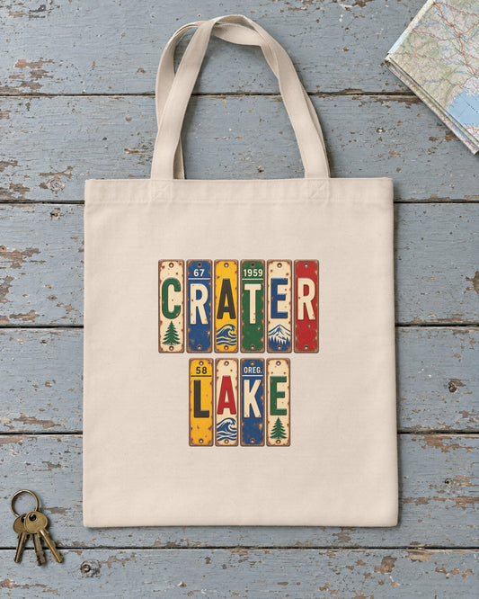 Crater Lake, Oregon vintage license plate tote bag in Natural