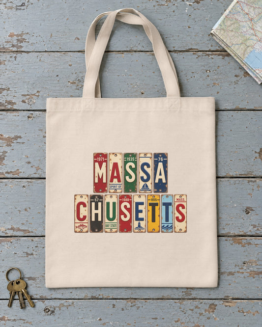 Massachusetts vintage license plate tote bag in Natural