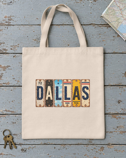 Dallas, Texas vintage license plate tote bag in Natural