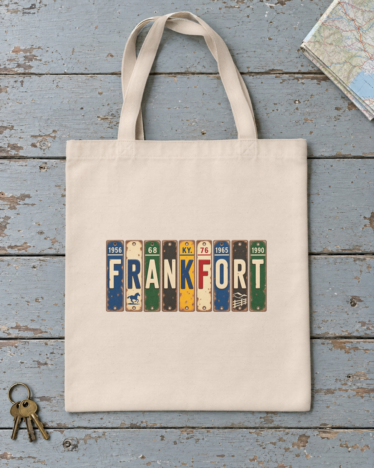 Frankfort, Kentucky vintage license plate tote bag in Natural