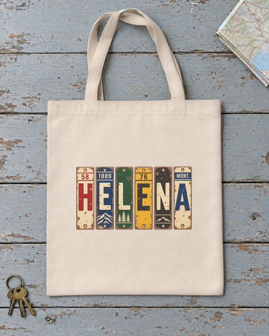Helena, Montana vintage license plate tote bag in Natural