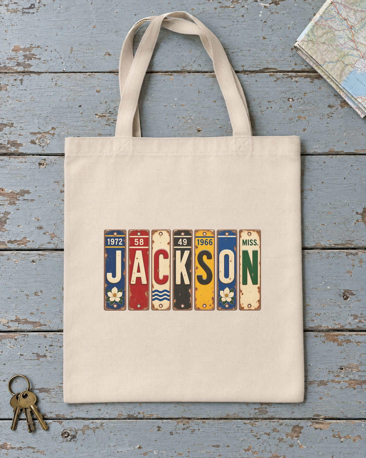 Jackson, Mississippi vintage license plate tote bag in Natural