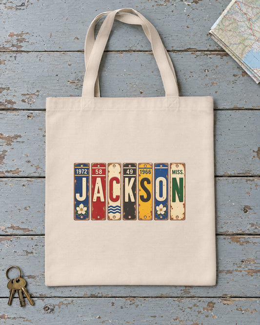 Jackson, Mississippi vintage license plate tote bag in Natural