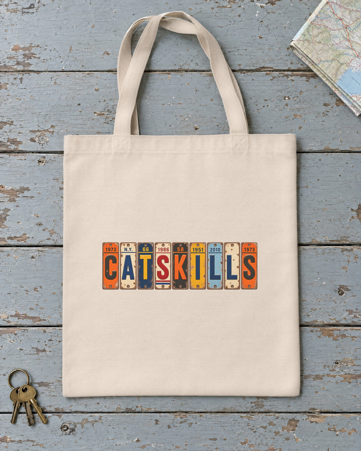 Catskills, New York vintage license plate tote bag in Natural