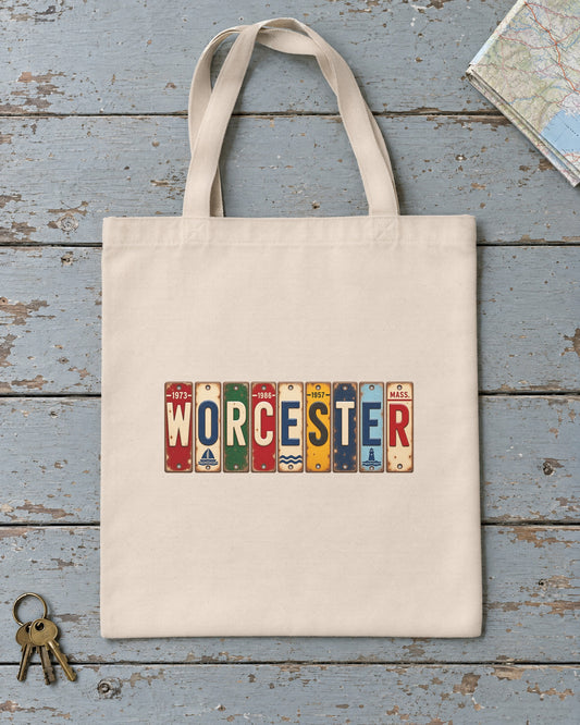 Worcester, Massachusetts vintage license plate tote bag in Natural
