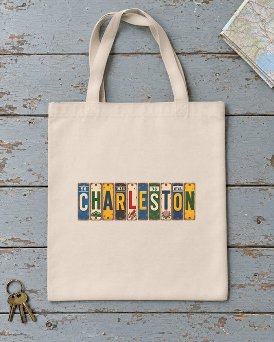 Charleston, West Virginia vintage license plate tote bag in Natural