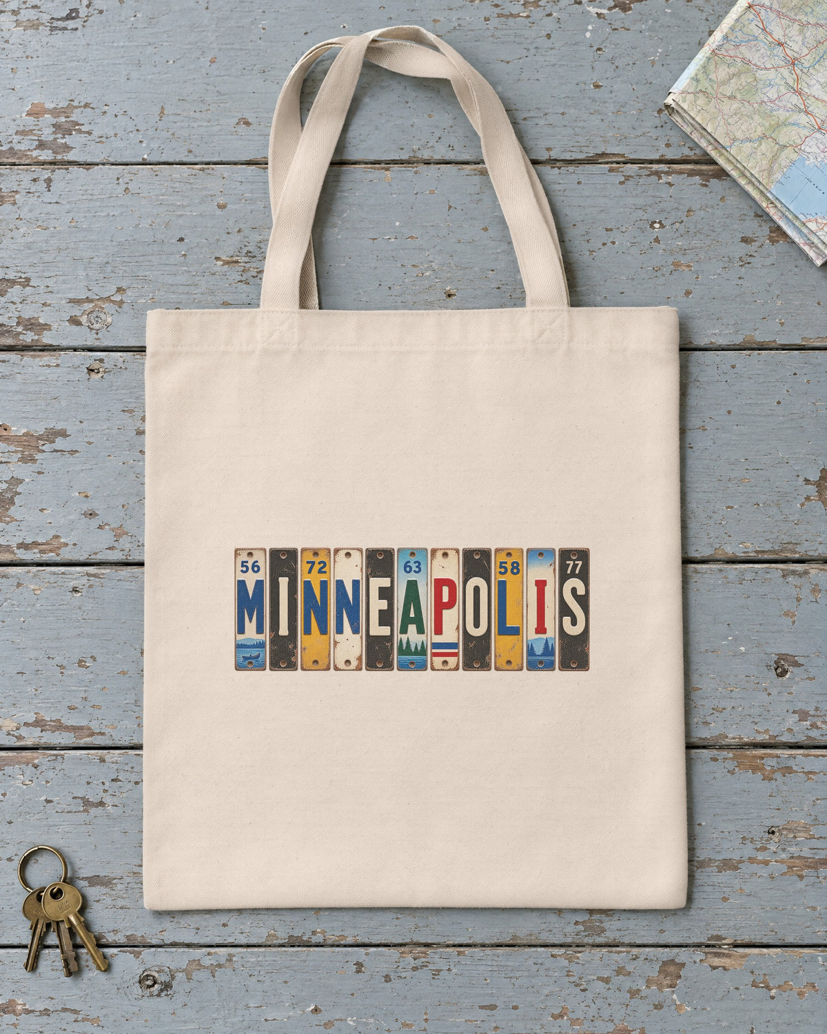 Minneapolis, Minnesota vintage license plate tote bag in Natural