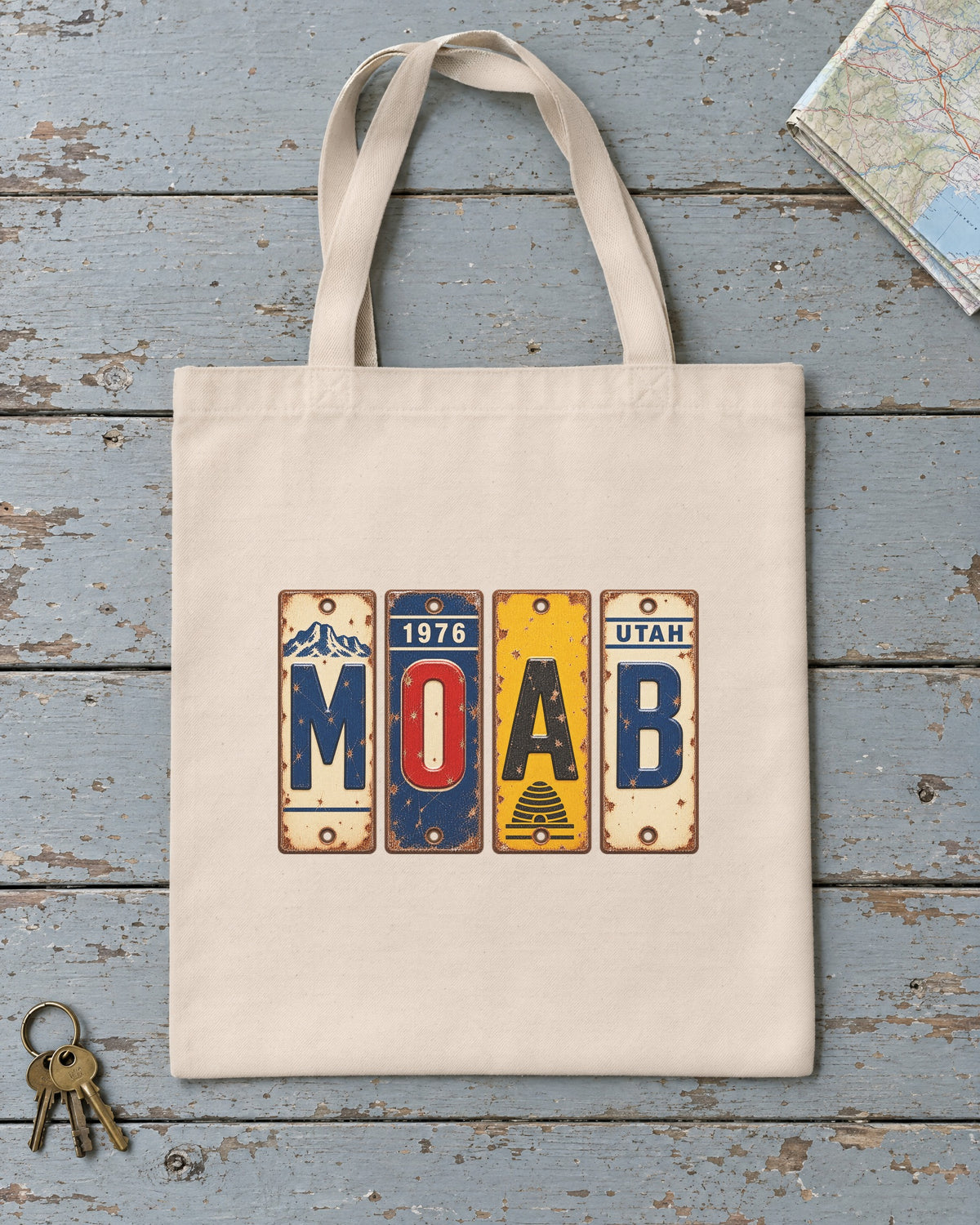 Moab, Utah vintage license plate tote bag in Natural