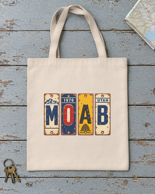 Moab, Utah vintage license plate tote bag in Natural