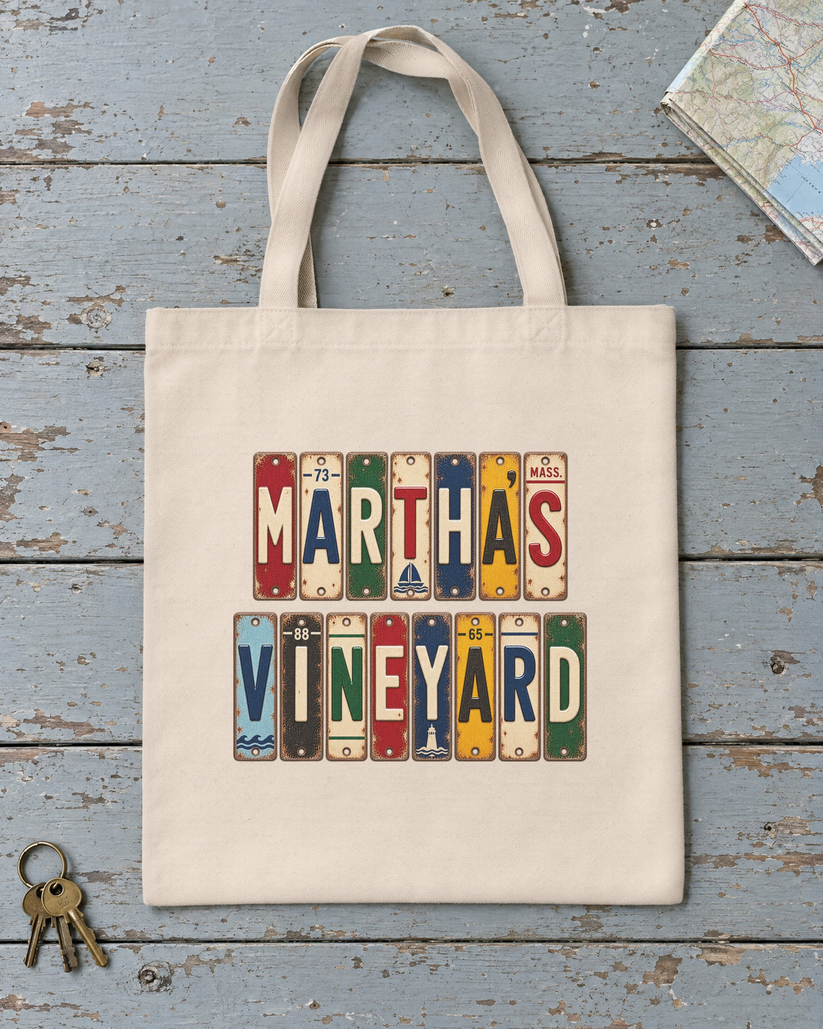 Martha's Vineyard, Massachusetts vintage license plate tote bag in Natural
