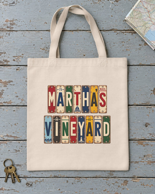 Martha's Vineyard, Massachusetts vintage license plate tote bag in Natural