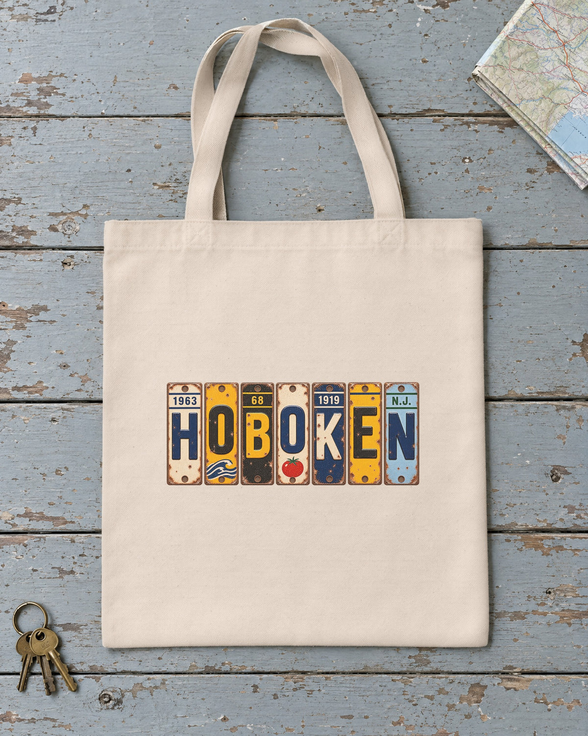 Hoboken, New Jersey vintage license plate tote bag in Natural