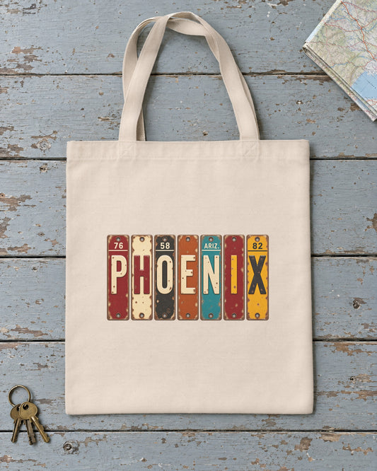 Phoenix, Arizona vintage license plate tote bag in Natural