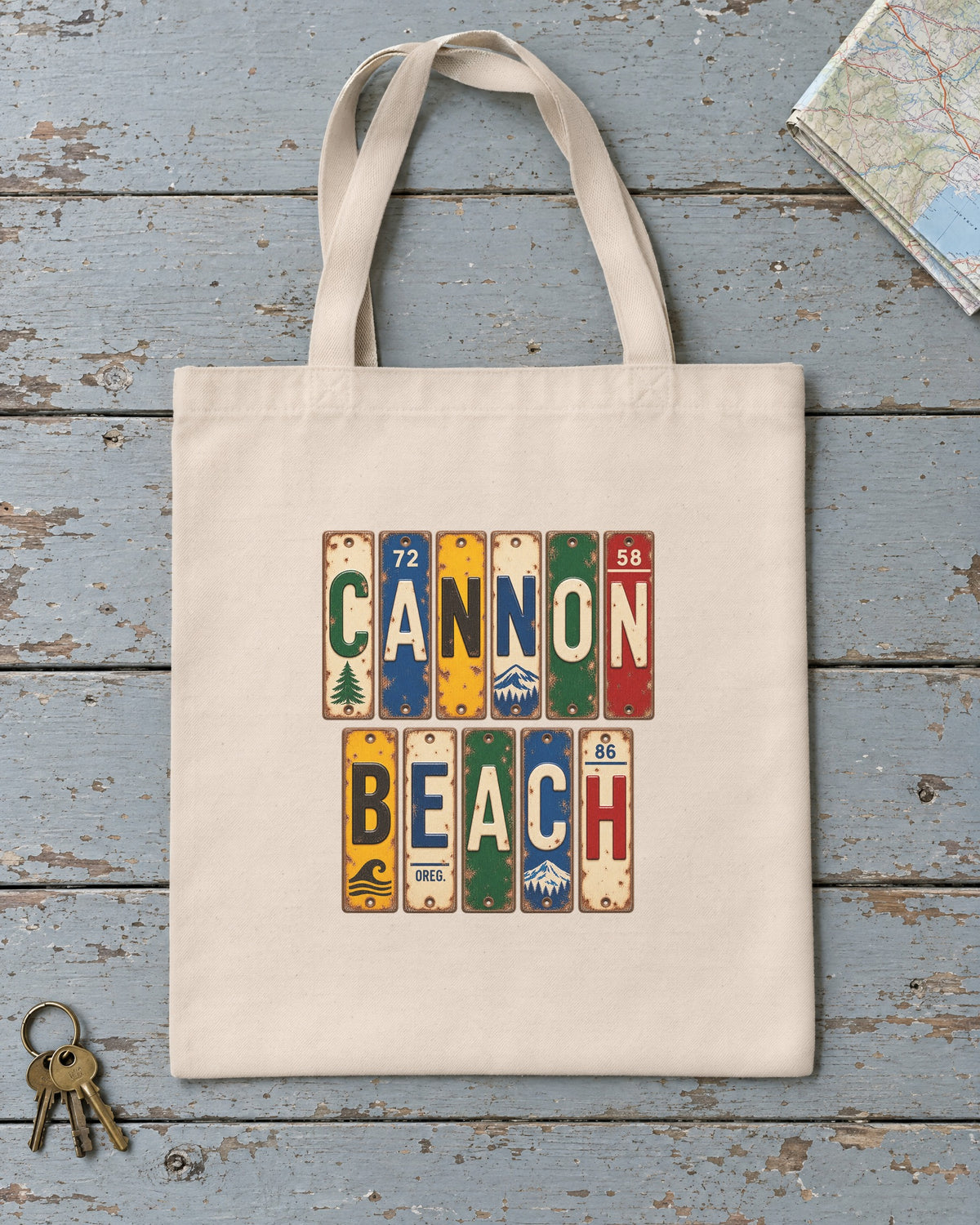 Cannon Beach, Oregon vintage license plate tote bag in Natural