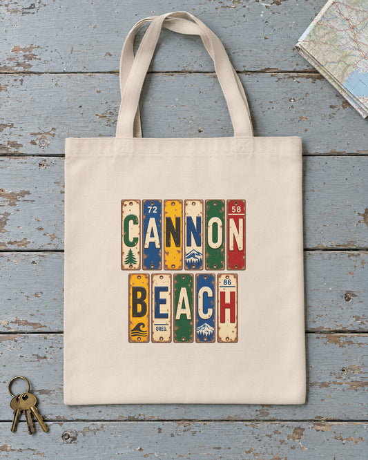 Cannon Beach, Oregon vintage license plate tote bag in Natural