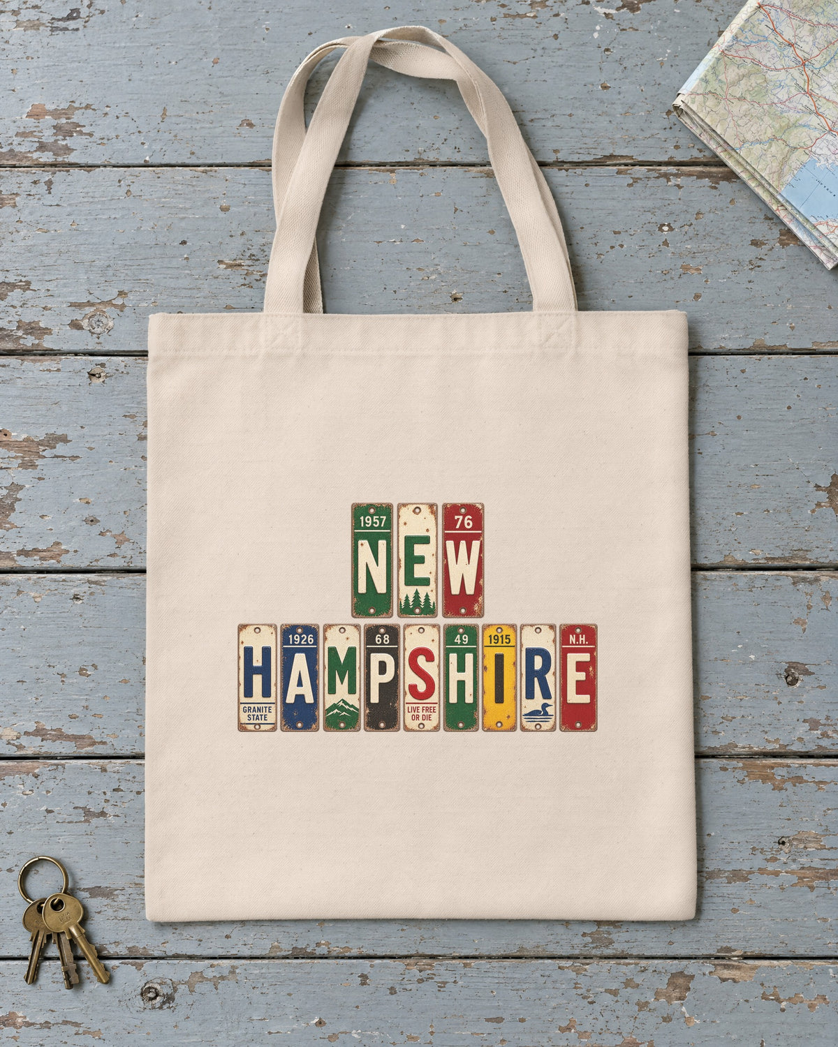 New Hampshire vintage license plate tote bag in Natural