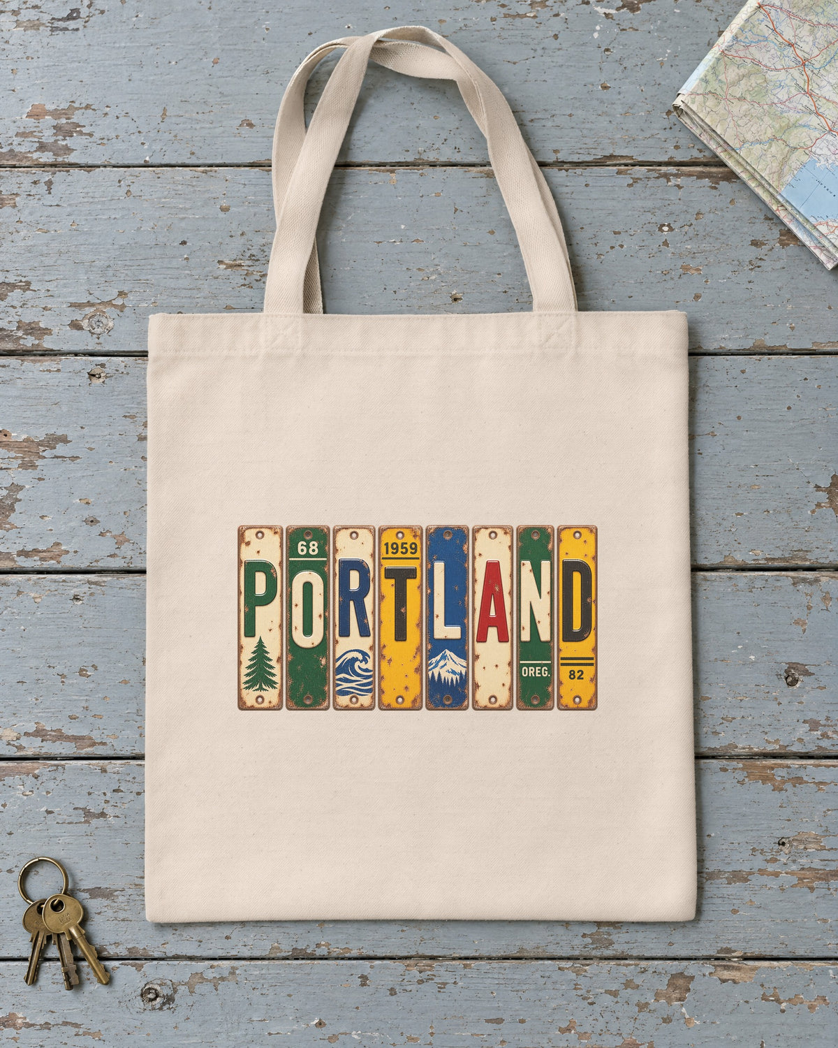 Portland, Oregon vintage license plate tote bag in Natural