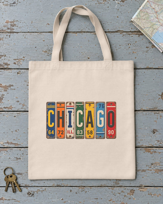 Chicago, Illinois vintage license plate tote bag in Natural