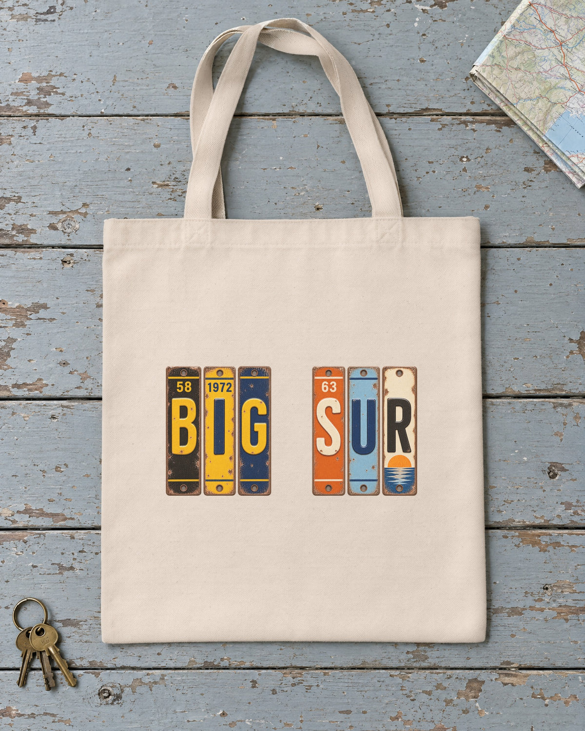 Big Sur, California vintage license plate tote bag in Natural