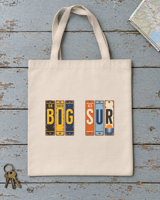 Big Sur, California vintage license plate tote bag in Natural