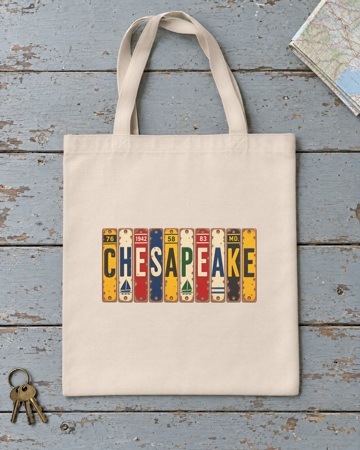 Chesapeake, Maryland vintage license plate tote bag in Natural