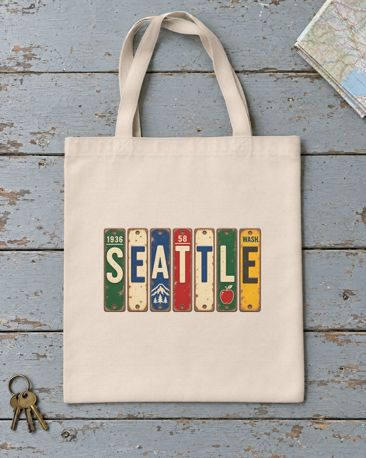 Seattle, Washington vintage license plate tote bag in Natural