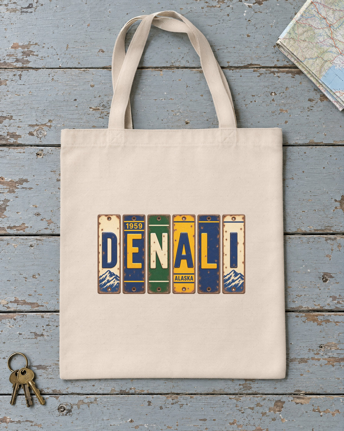 Denali, Alaska vintage license plate tote bag in Natural