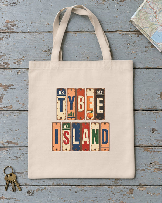 Tybee Island, Georgia vintage license plate tote bag in Natural