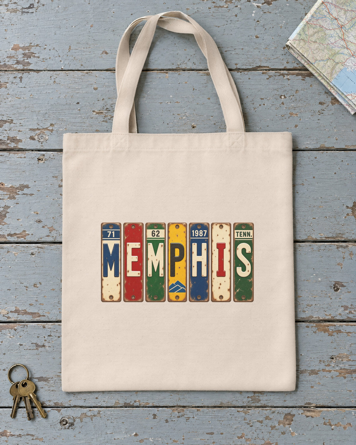 Memphis, Tennessee vintage license plate tote bag in Natural