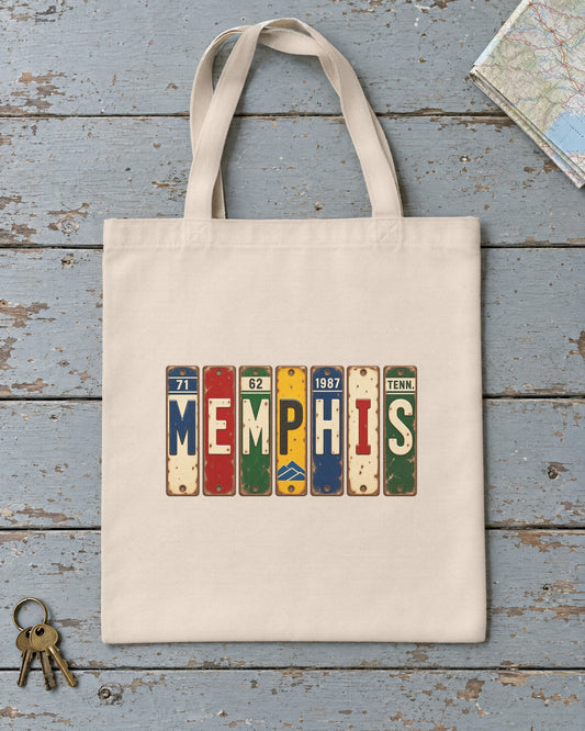 Memphis, Tennessee vintage license plate tote bag in Natural