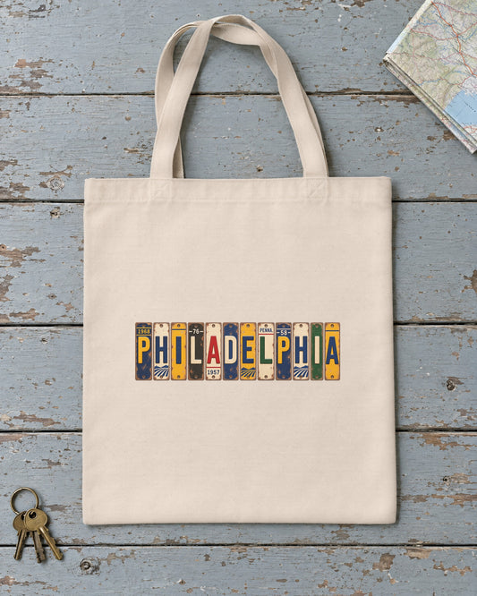 Philadelphia, Pennsylvania vintage license plate tote bag in Natural