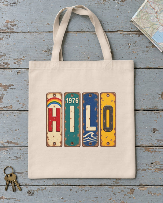 Hilo, Hawaii vintage license plate tote bag in Natural