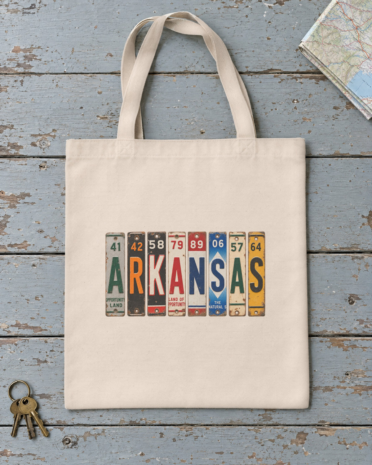 Arkansas vintage license plate tote bag in Natural
