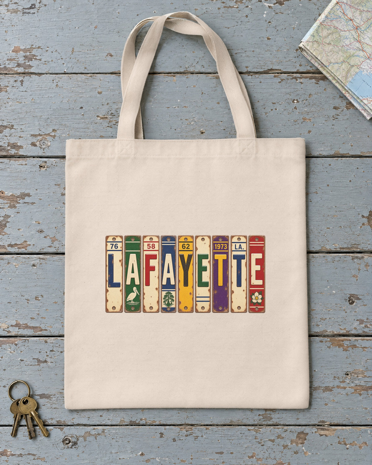 Lafayette, Louisiana vintage license plate tote bag in Natural
