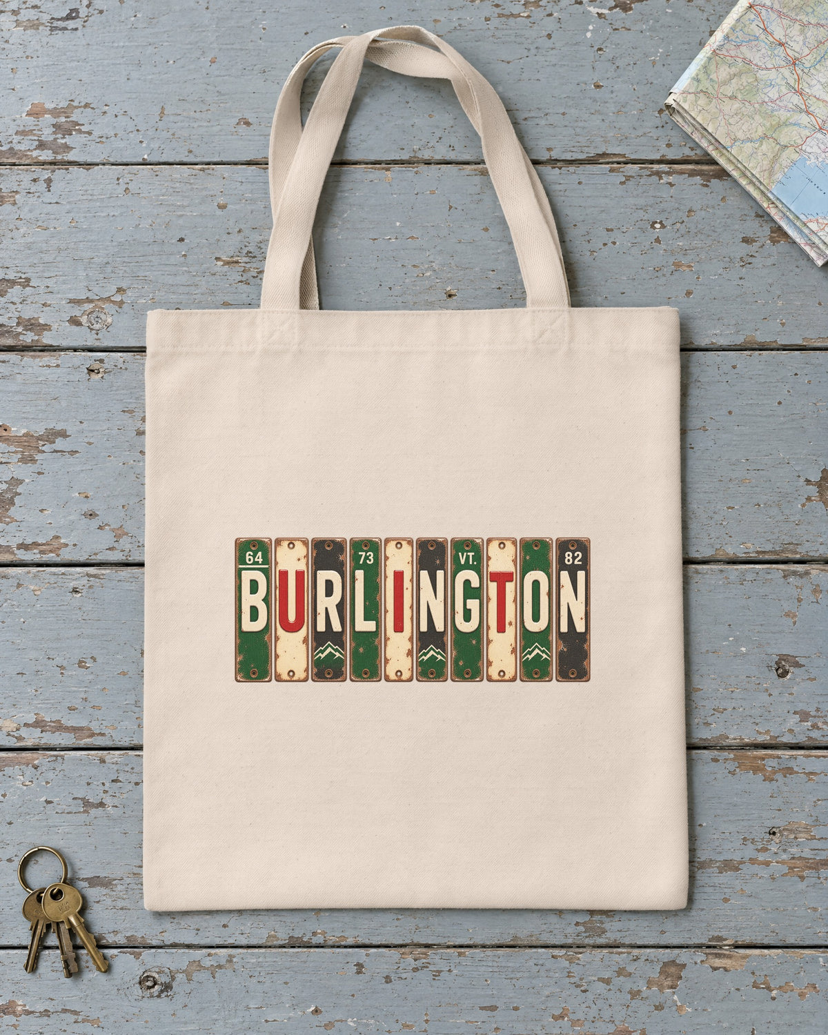 Burlington, Vermont vintage license plate tote bag in Natural