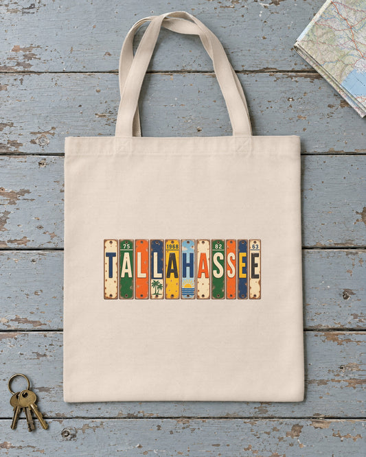 Tallahassee, Florida vintage license plate tote bag in Natural