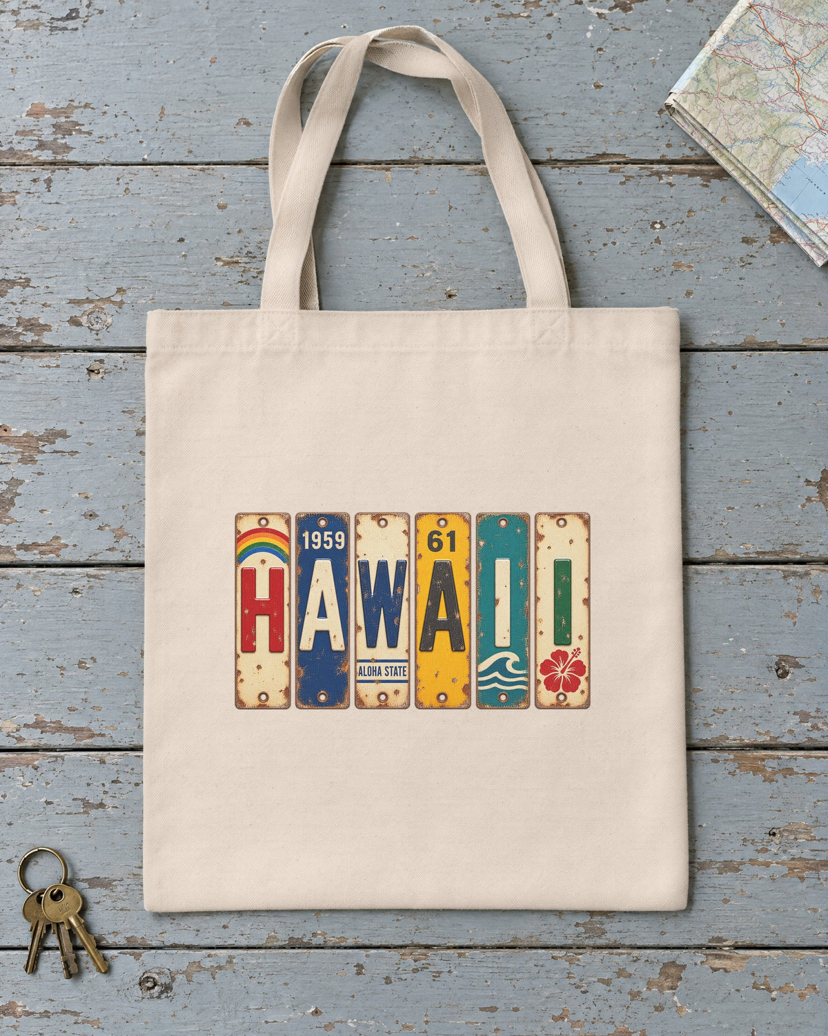 Hawaii vintage license plate tote bag in Natural