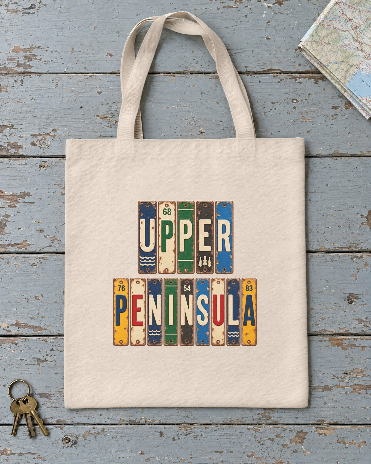 Upper Peninsula, Michigan vintage license plate tote bag in Natural