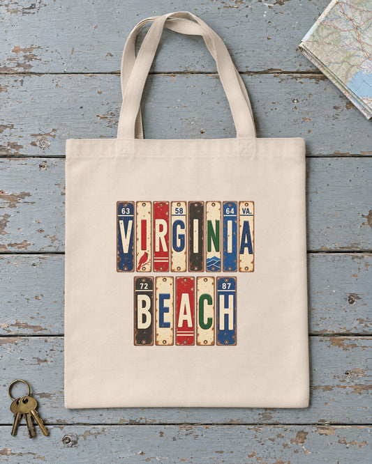 Virginia Beach, Virginia vintage license plate tote bag in Natural