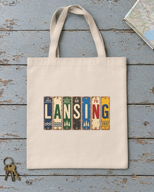 Lansing, Michigan vintage license plate tote bag in Natural