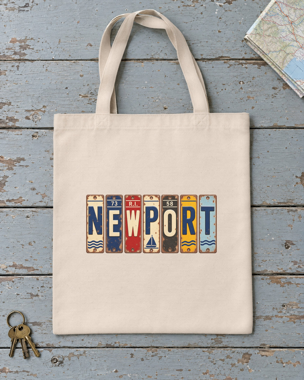 Newport, Rhode Island vintage license plate tote bag in Natural